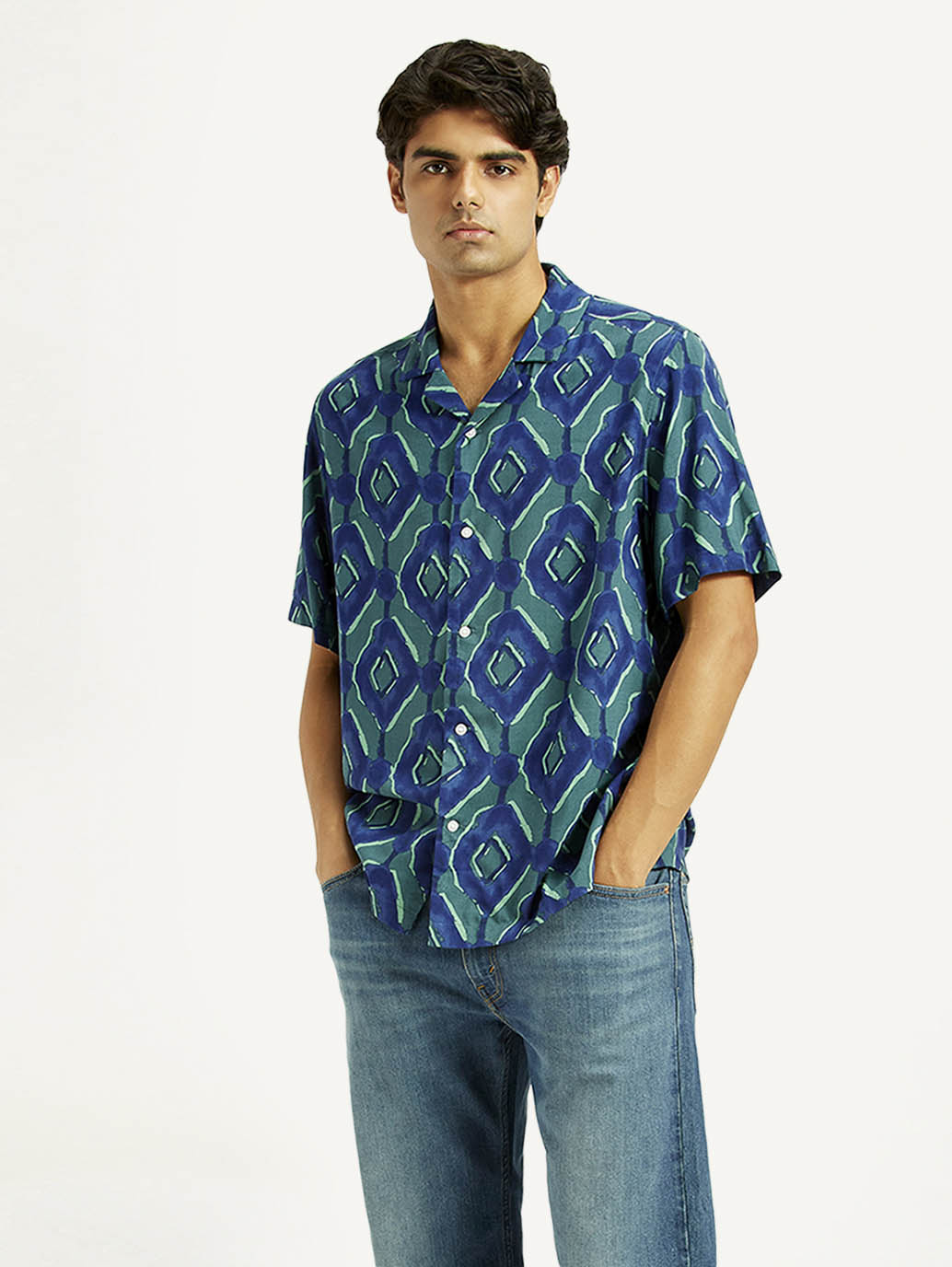 Men's Geometric Blue Camp Shirt
