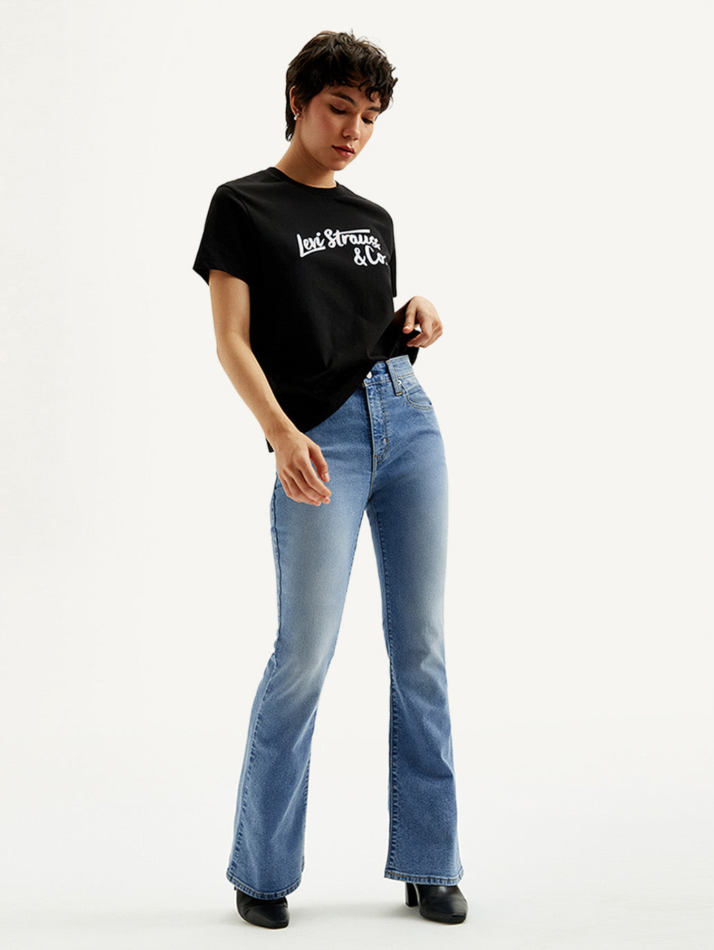 Women's 726 Med Indigo Flared Fit High Rise Jeans - Styleshot View