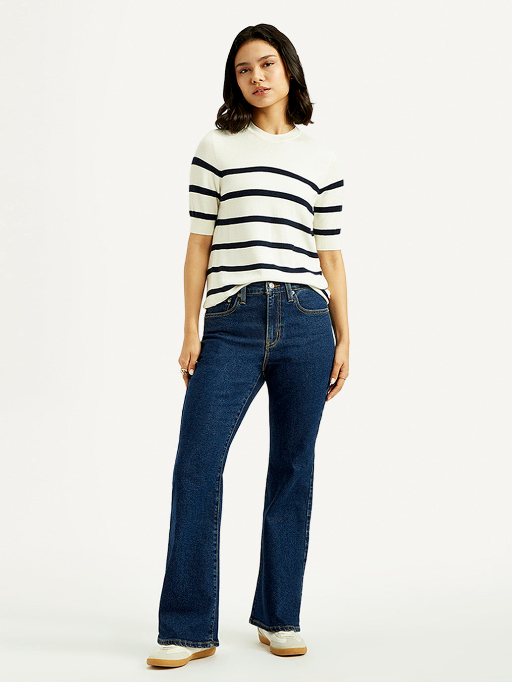Women's 726 Dark Blue Slim Flared Fit High Rise Jeans - Styleshot View