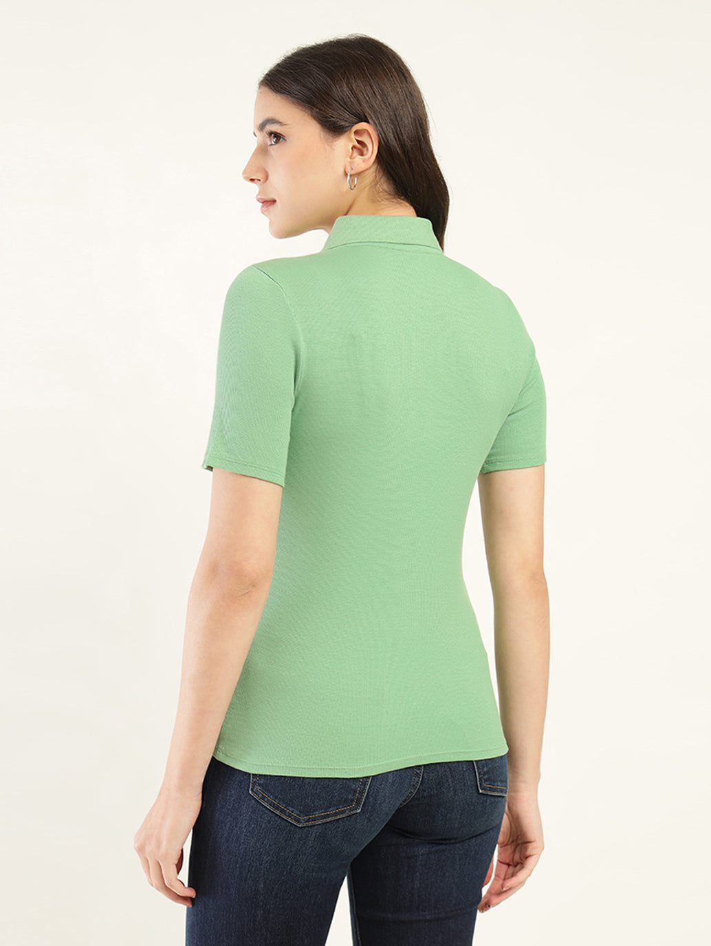 Women's Solid Slim Fit Polo T-Shirt - Back View