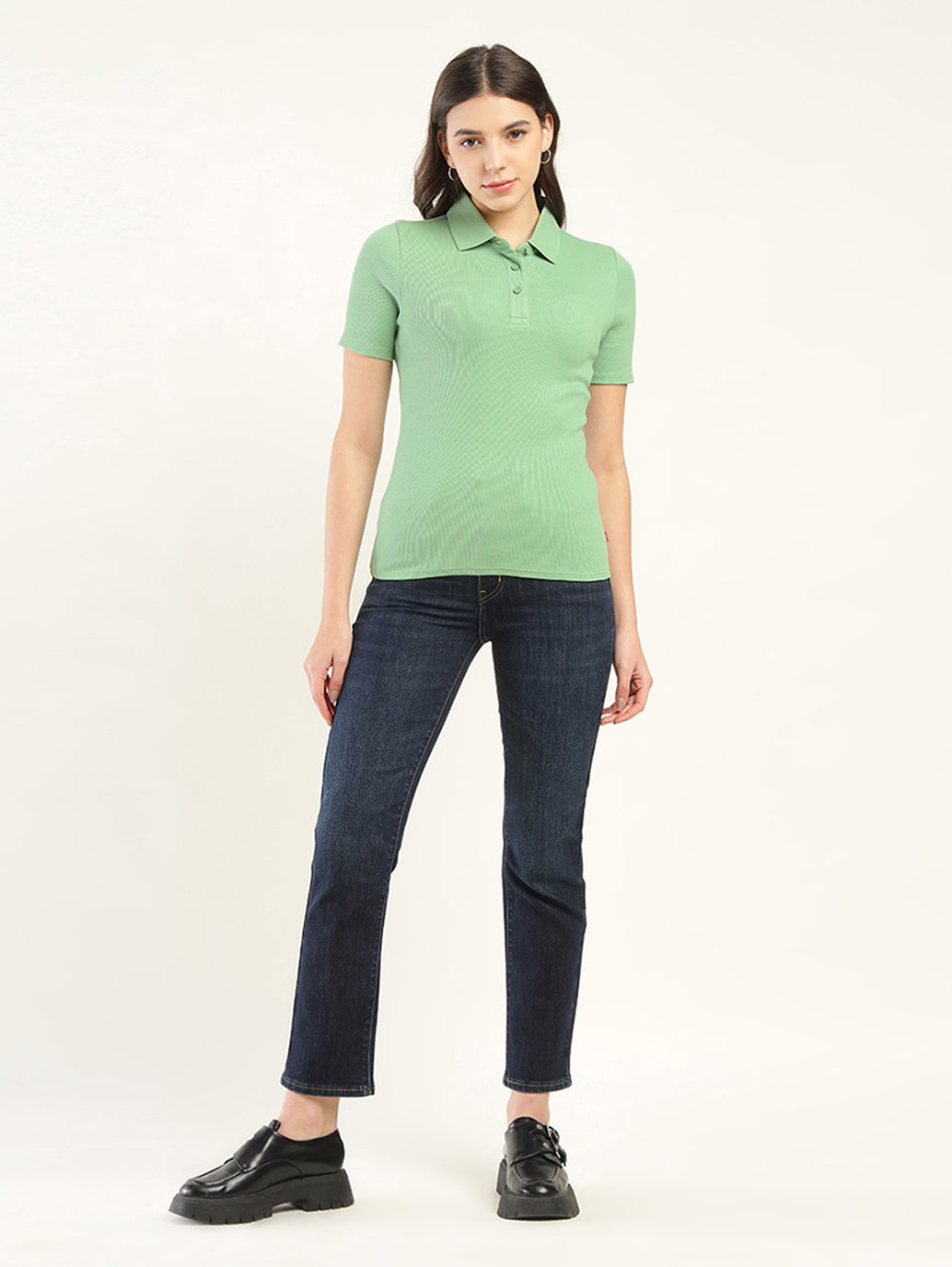 Women's Solid Slim Fit Polo T-Shirt - ModelFront View