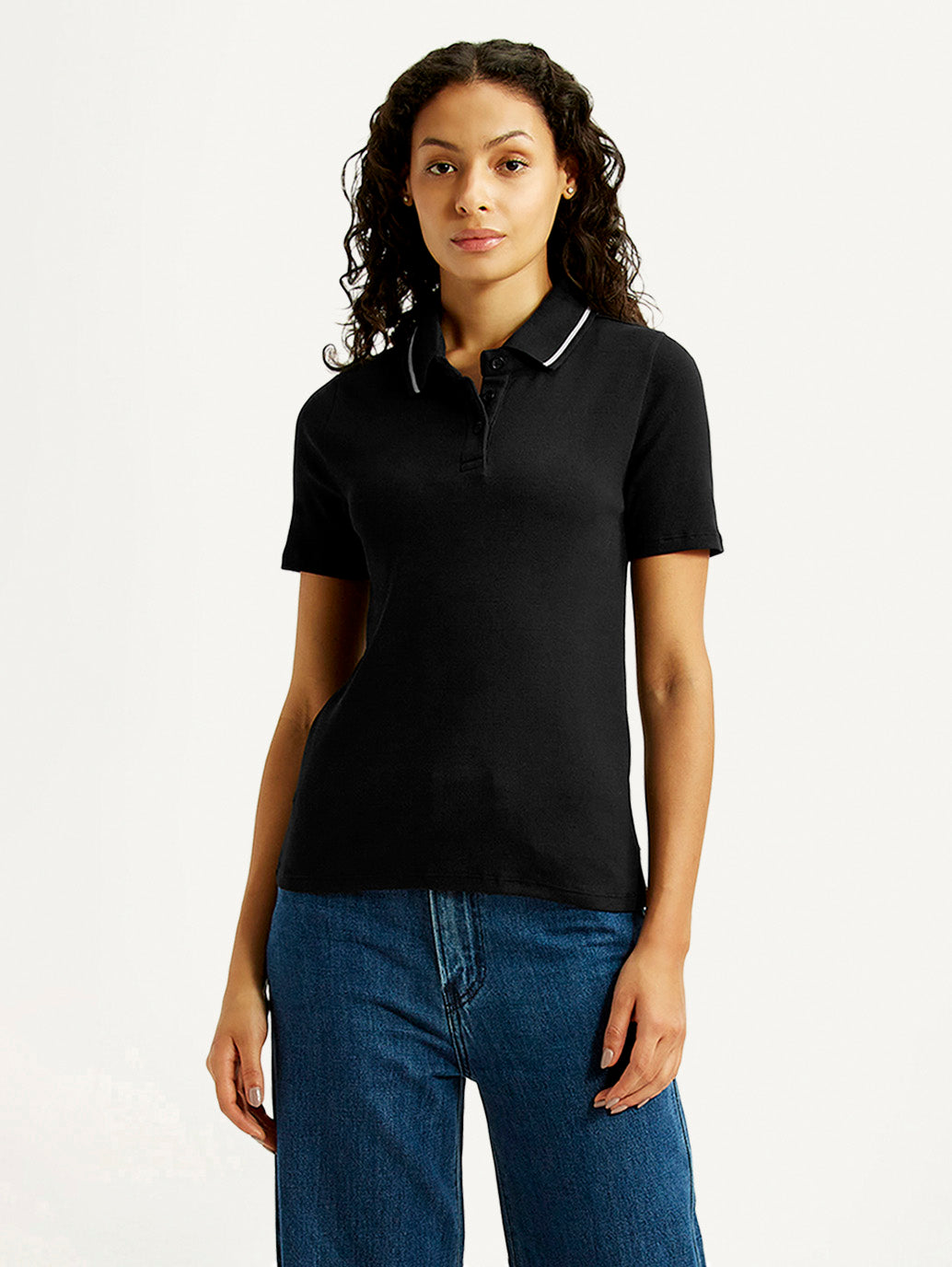 Women's Solid Black Slim Fit Polo Ribbed T-shirt - Styleshot View