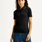 Women's Solid Black Slim Fit Polo Ribbed T-shirt - Front View