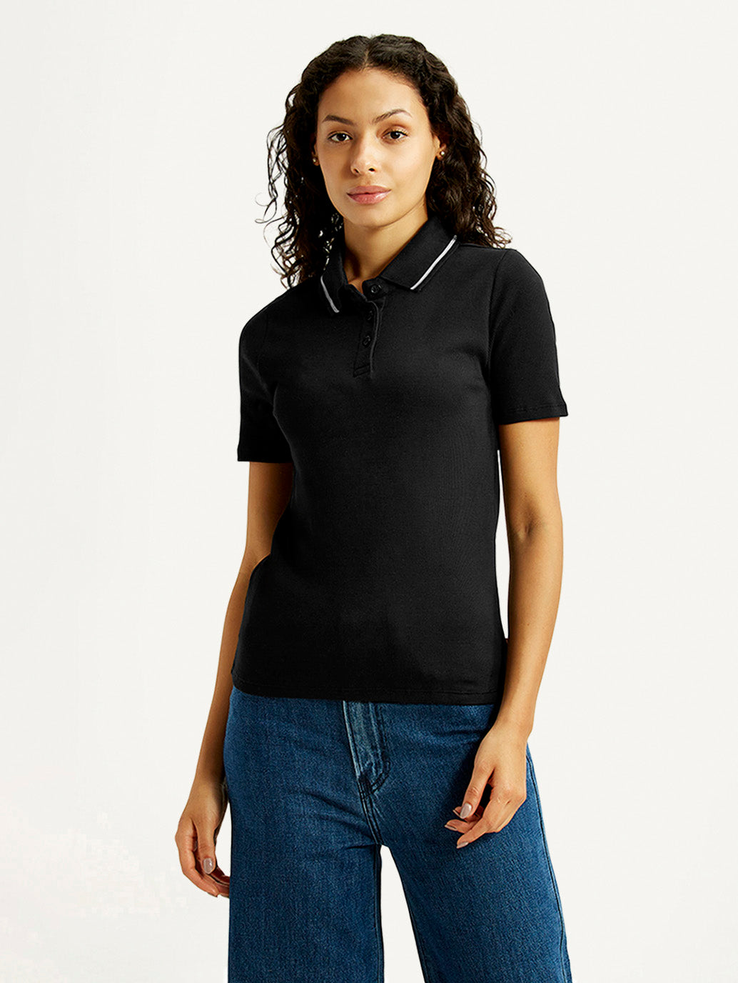 Women's Solid Black Slim Fit Polo Ribbed T-shirt - Front View