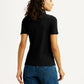 Women's Solid Black Slim Fit Polo Ribbed T-shirt - Back View