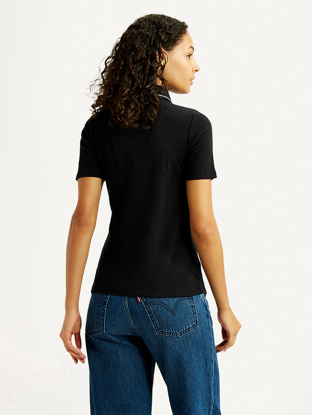 Women's Solid Black Slim Fit Polo Ribbed T-shirt - Back View