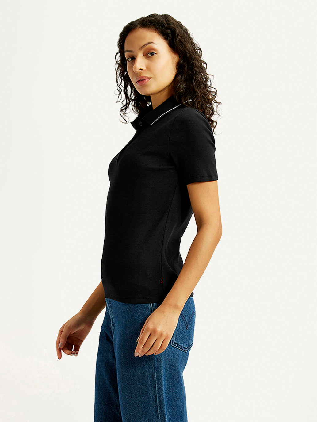 Women's Solid Black Slim Fit Polo Ribbed T-shirt - Side View