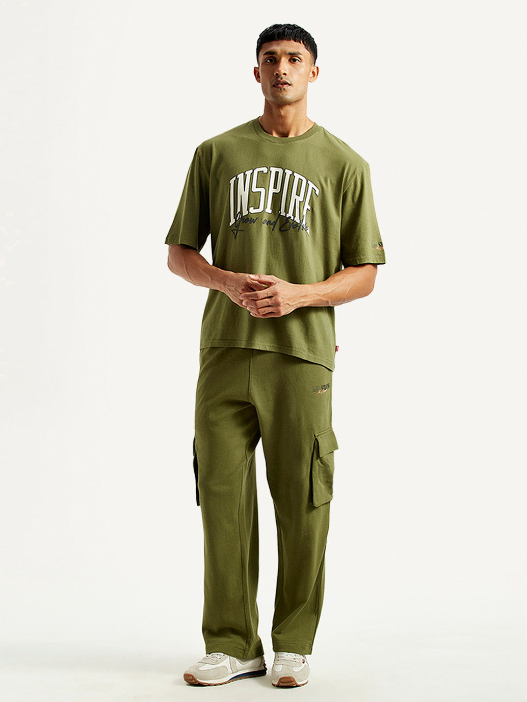 Men's Typography Olive Crew Neck Co-Ord Set - Front View