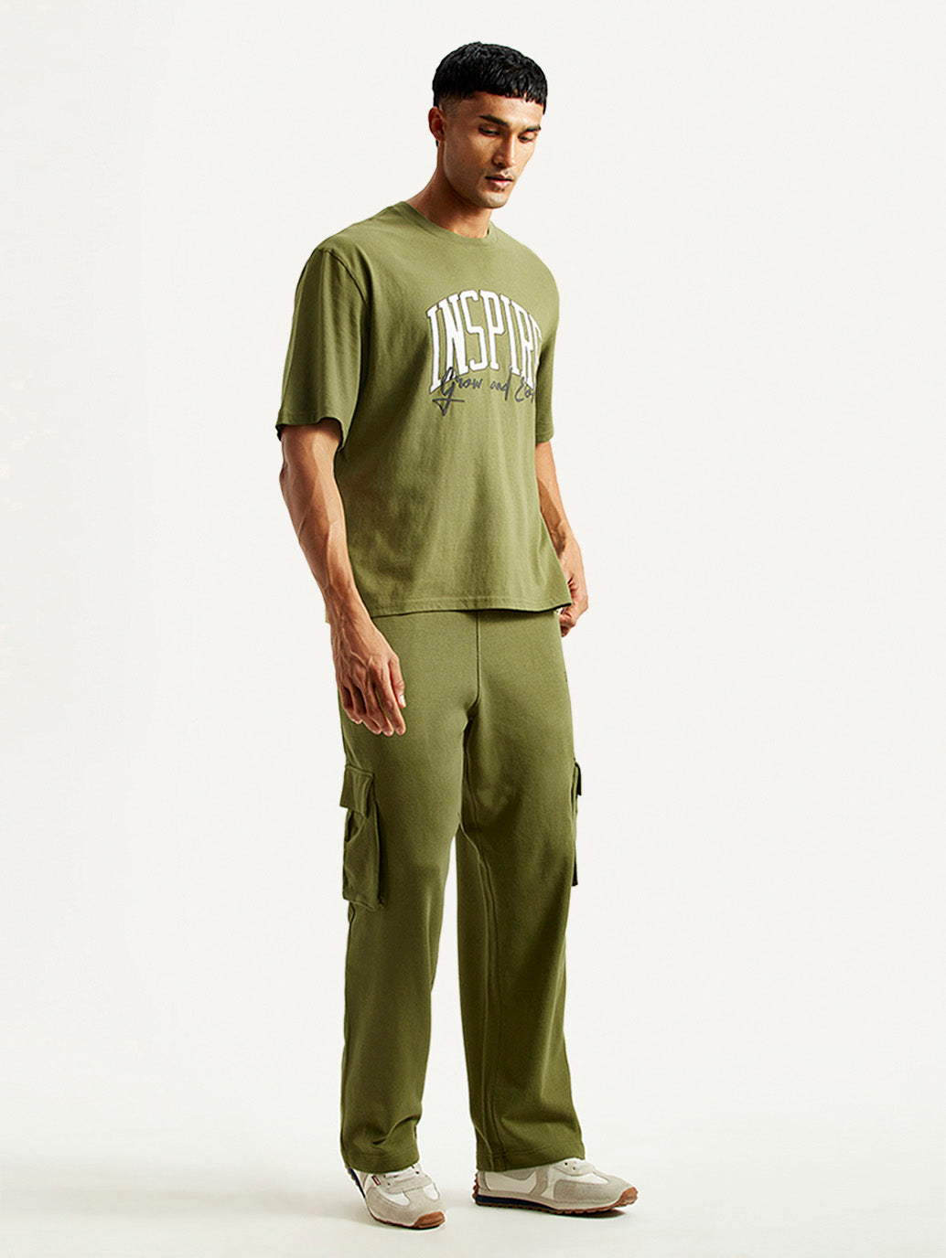 Men's Typography Olive Crew Neck Co-Ord Set - Side View