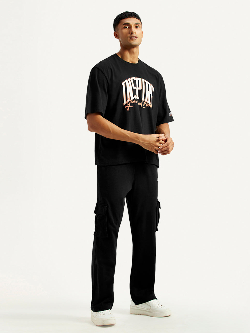 Men's Typography Black Crew Neck Co-Ord Set - Side View