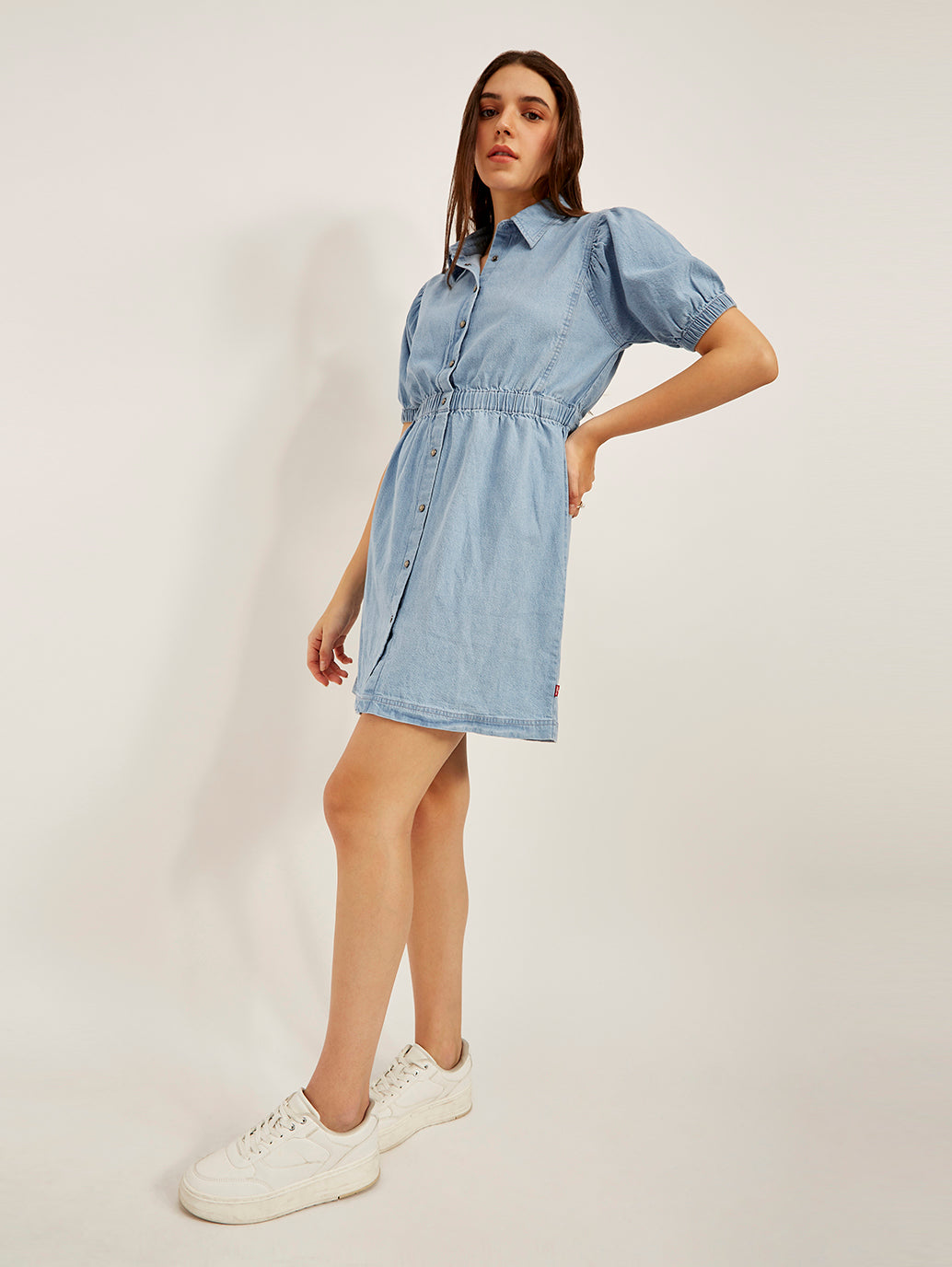 Women's Solid Light Blue Spread Collar Dress - Elevated View