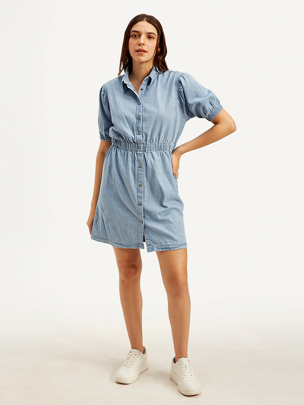 Women's Solid Light Blue Spread Collar Dress - Styleshot View