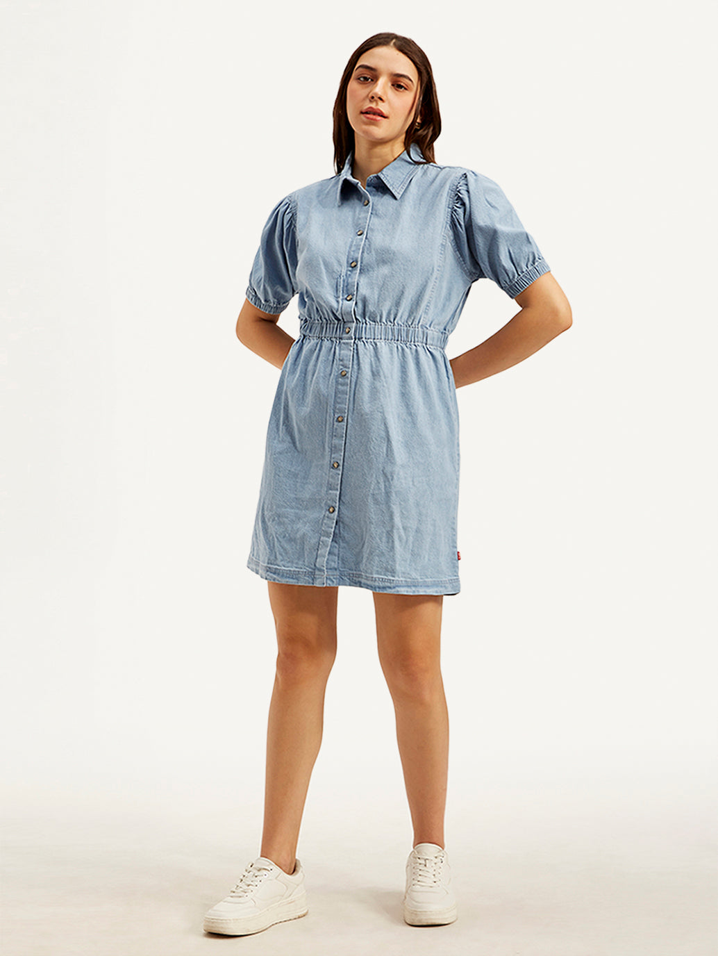 Women's Solid Light Blue Spread Collar Dress - Front View