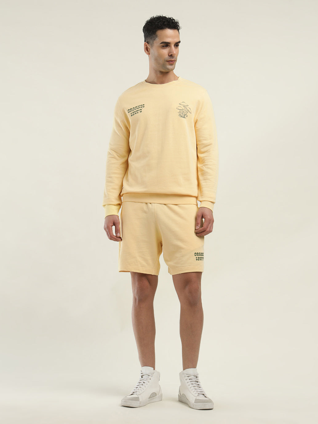 Men's Solid Yellow Crew Neck Co-ord Set - Front View