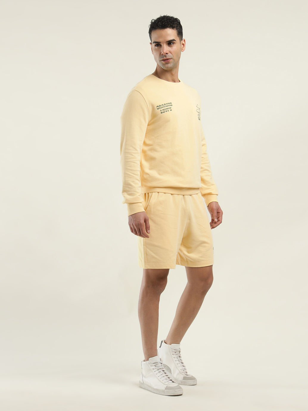 Men's Solid Yellow Crew Neck Co-ord Set - Side View