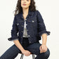 Women's Solid Dark Blue Spread Collar Denim Jacket - Styleshot View