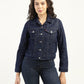 Women's Solid Dark Blue Spread Collar Denim Jacket - Front View