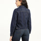 Women's Solid Dark Blue Spread Collar Denim Jacket - Back View