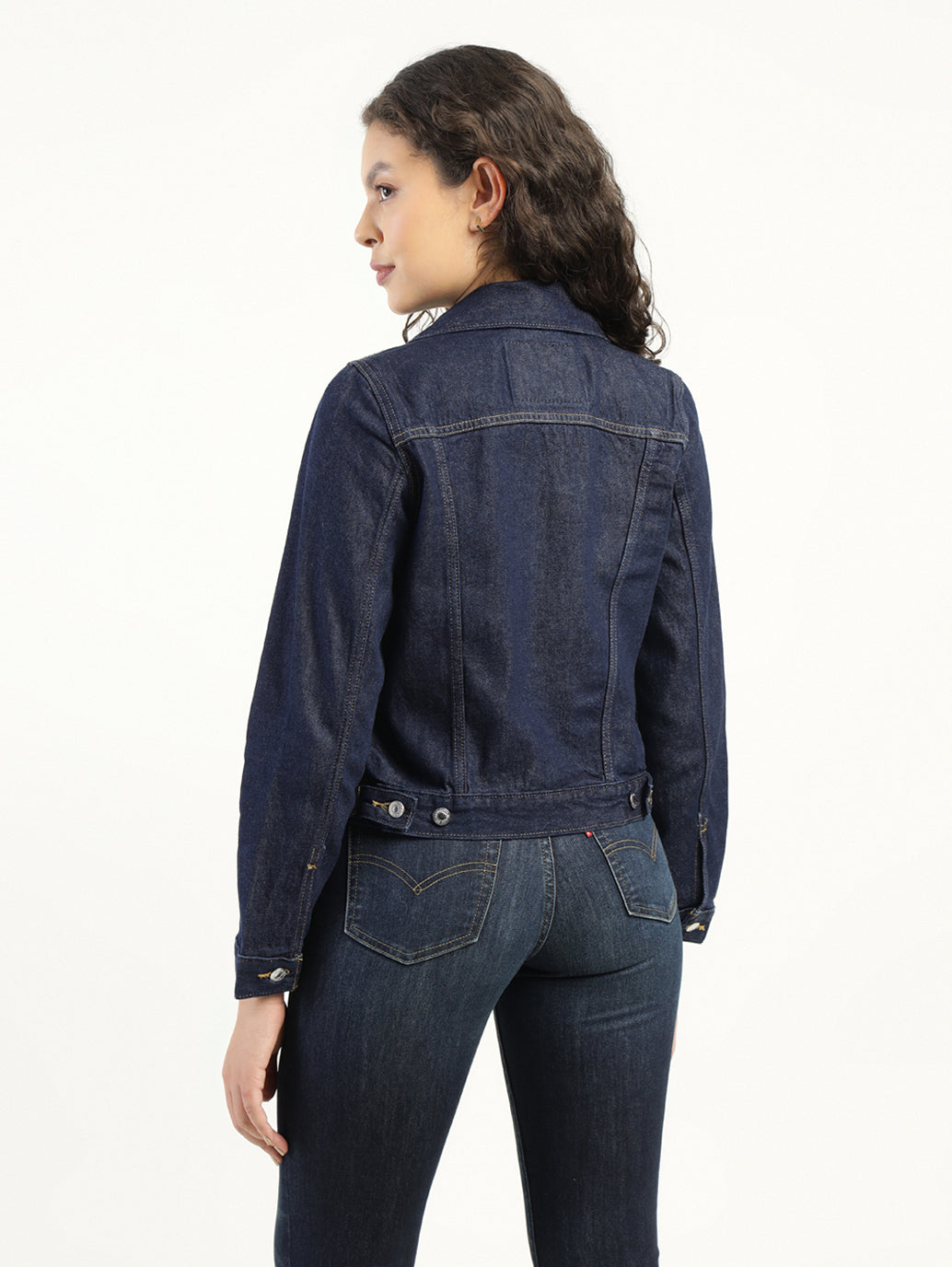 Women's Solid Dark Blue Spread Collar Denim Jacket - Back View