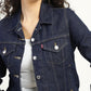 Women's Solid Dark Blue Spread Collar Denim Jacket - Detail View