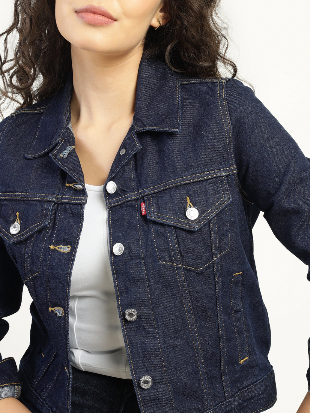 Women's Solid Dark Blue Spread Collar Denim Jacket - Detail View