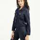 Women's Solid Dark Blue Spread Collar Denim Jacket - Side View
