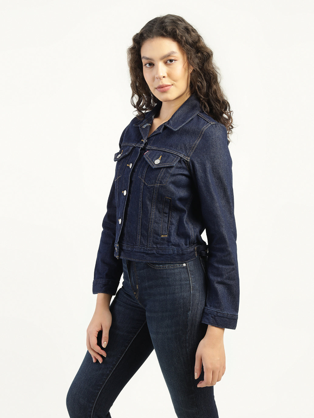 Women's Solid Dark Blue Spread Collar Denim Jacket - Side View