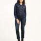 Women's Solid Dark Blue Spread Collar Denim Jacket - ModelFront View