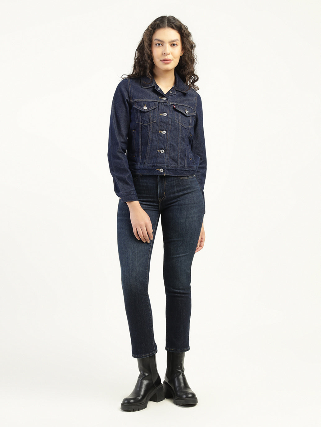 Women's Solid Dark Blue Spread Collar Denim Jacket - ModelFront View