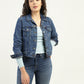 Women's Solid Dark Blue Spread Collar Denim Jacket - Styleshot View