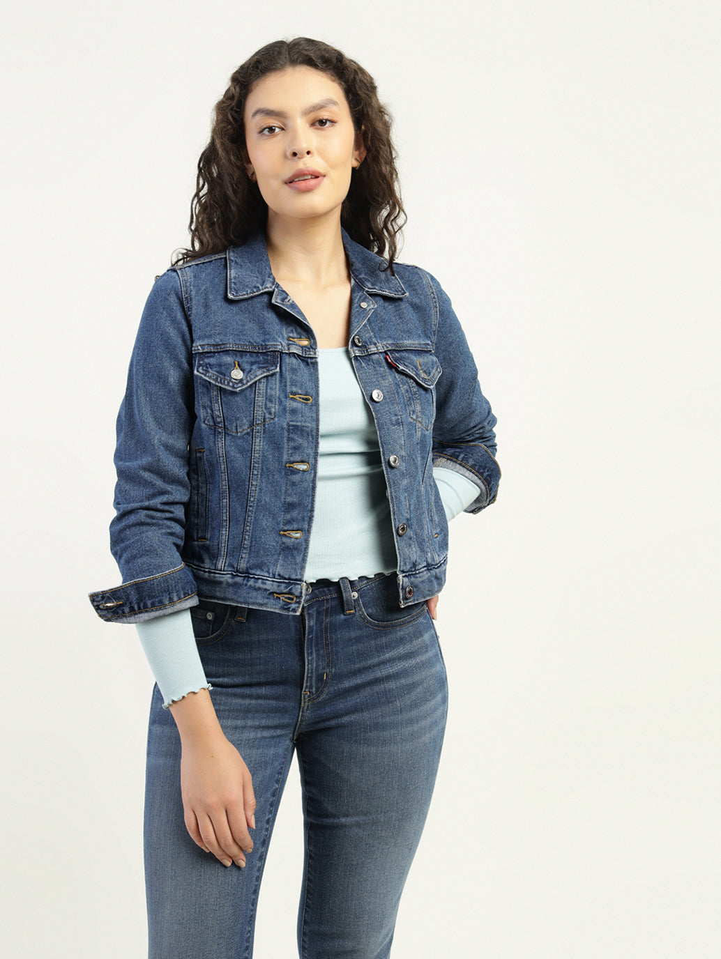 Women's Solid Dark Blue Spread Collar Denim Jacket - Styleshot View