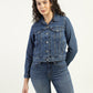 Women's Solid Dark Blue Spread Collar Denim Jacket - Front View