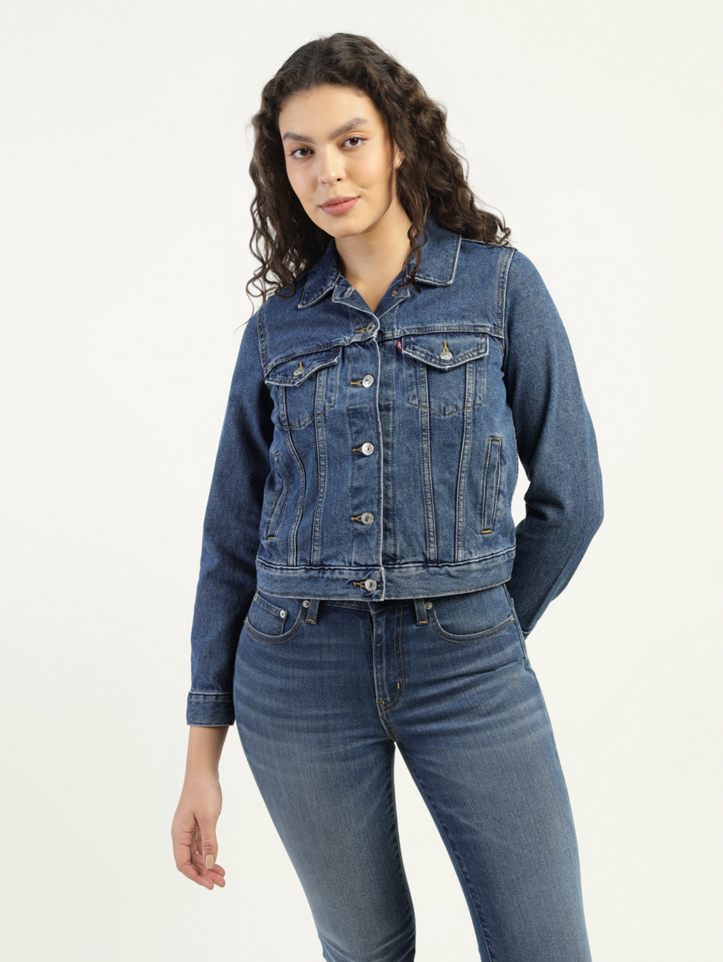 Women's Solid Dark Blue Spread Collar Denim Jacket - Front View