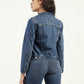 Women's Solid Dark Blue Spread Collar Denim Jacket - Back View