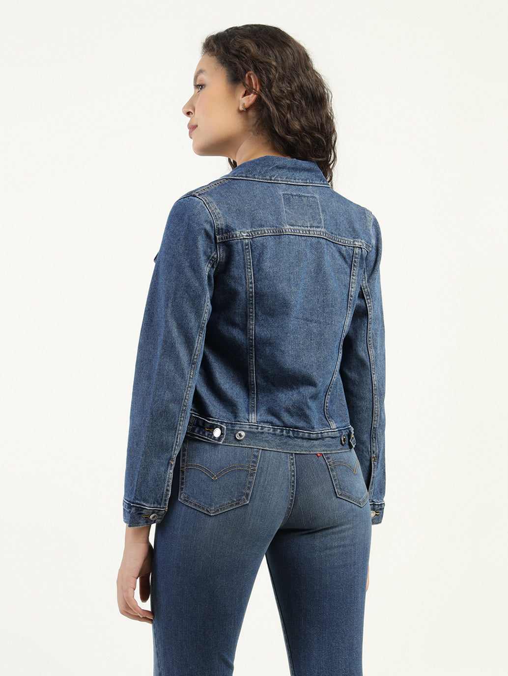 Women's Solid Dark Blue Spread Collar Denim Jacket - Back View