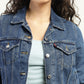 Women's Solid Dark Blue Spread Collar Denim Jacket - Detail View
