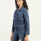 Women's Solid Dark Blue Spread Collar Denim Jacket - Side View