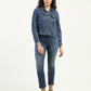 Women's Solid Dark Blue Spread Collar Denim Jacket - ModelFront View