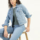 Women's Solid Light Blue Spread Collar Denim Jacket - Styleshot View