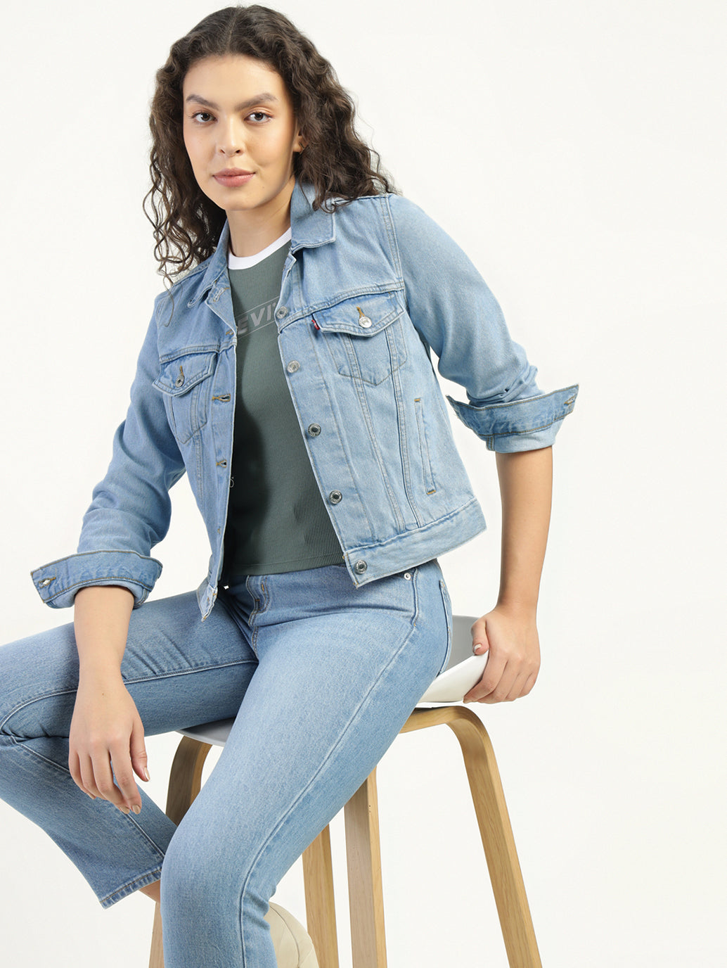Women's Solid Light Blue Spread Collar Denim Jacket - Styleshot View