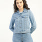 Women's Solid Light Blue Spread Collar Denim Jacket - Front View
