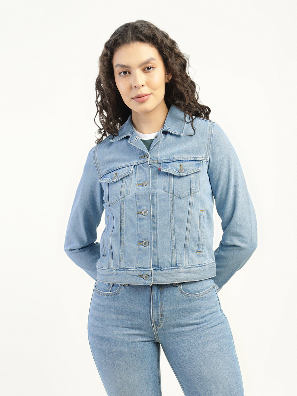 Women's Solid Light Blue Spread Collar Denim Jacket - Front View
