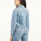 Women's Solid Light Blue Spread Collar Denim Jacket - Back View