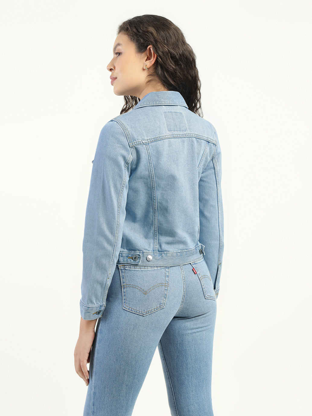 Women's Solid Light Blue Spread Collar Denim Jacket - Back View