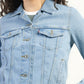 Women's Solid Light Blue Spread Collar Denim Jacket - Detail View