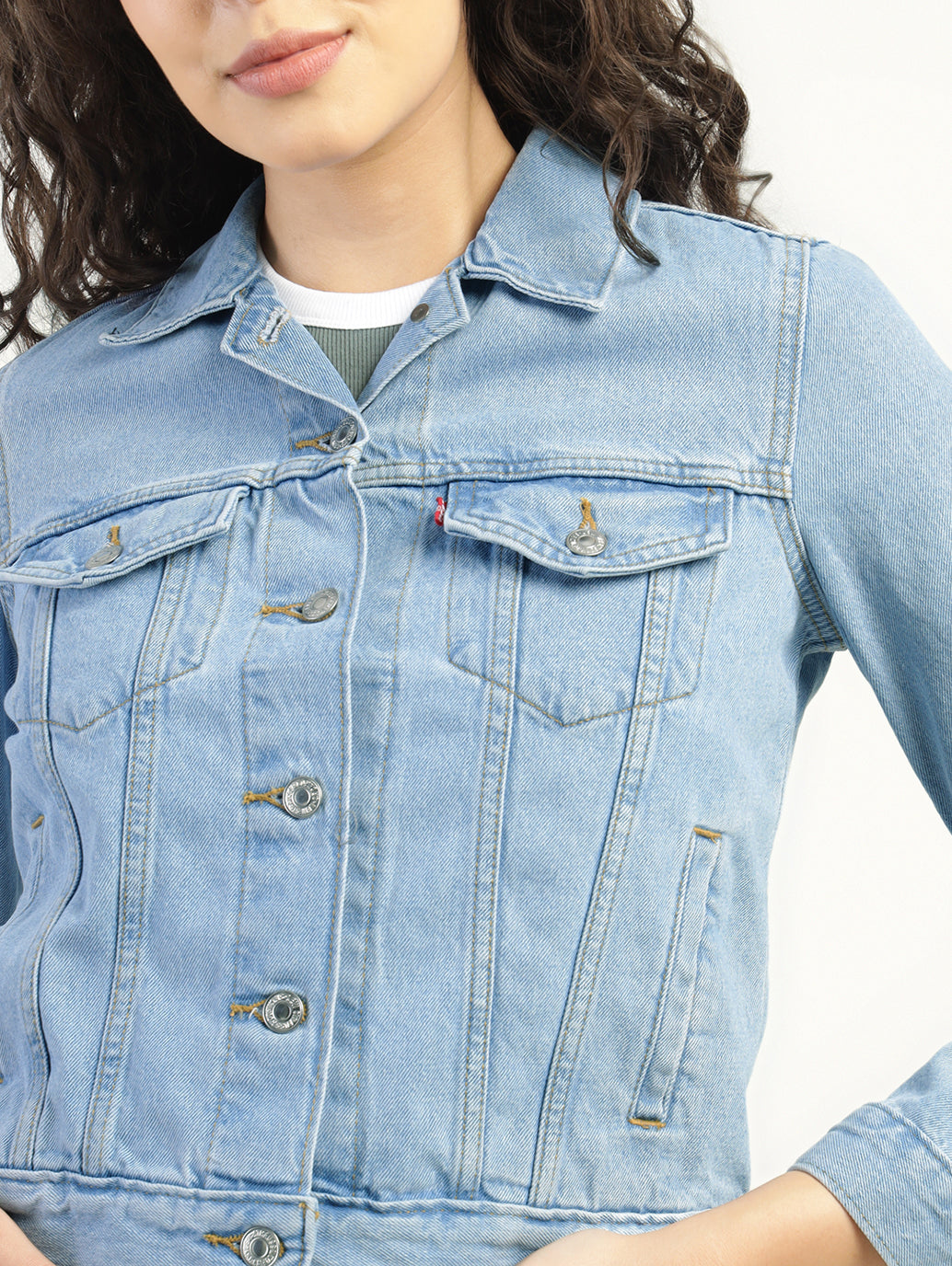 Women's Solid Light Blue Spread Collar Denim Jacket - Detail View