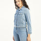 Women's Solid Light Blue Spread Collar Denim Jacket - Side View