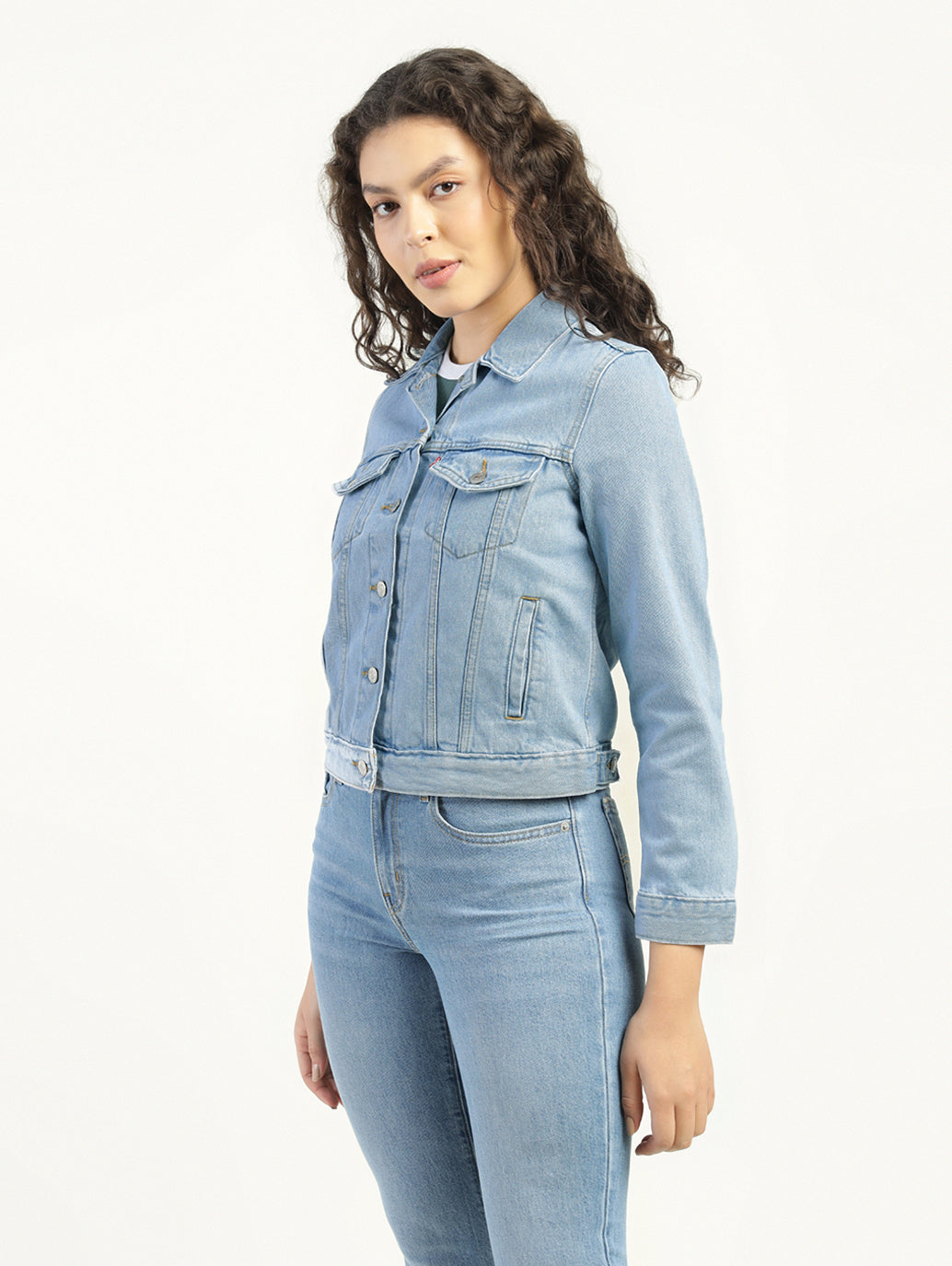 Women's Solid Light Blue Spread Collar Denim Jacket - Side View