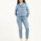 Women's Solid Light Blue Spread Collar Denim Jacket - ModelFront View