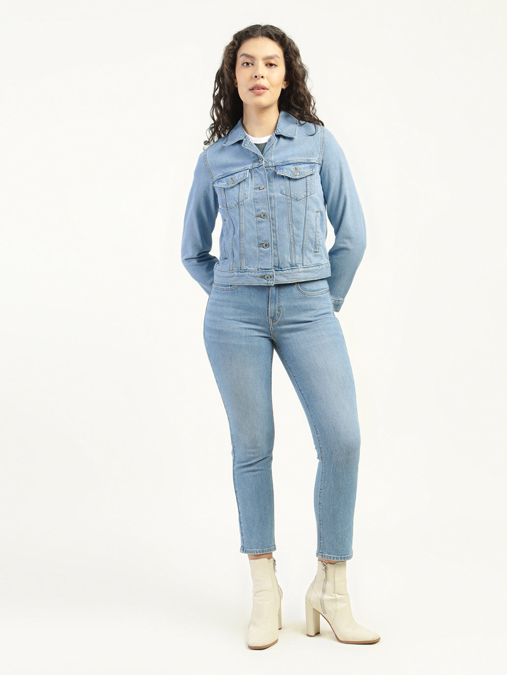 Women's Solid Light Blue Spread Collar Denim Jacket - ModelFront View